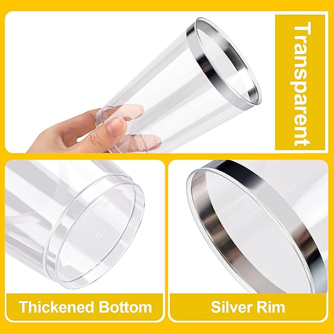 BESTVIP 12oz Silver Plastic Cups, 100 Pack Silver Rimmed Disposable Cups, Heavy-duty Party Cocktail Glasses for Christmas, Plastic Cups for Party, Holiday, Wedding and Birthday
