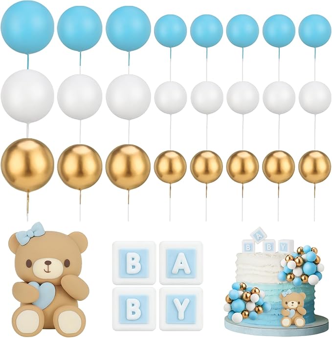 29 Pcs Ball Cake Toppers Bear Cake Decorations with Cute Bear Blue BABY Letter Blue Gold White Foam Balloon for Baby Shower Girl Boy (Blue, White, Gold)