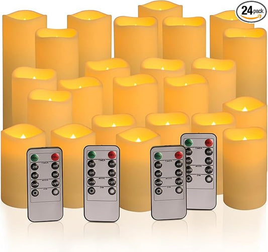 24-Pack LED Flameless Candles with Remote Control -Flickering Electric Candles- Timer Candles -3D Flame, for Halloween Christmas Parties,Wedding,Home,Gift and Special Occasions(Three Sizes)