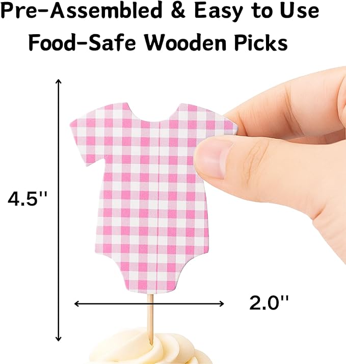 ALISSAR 36 Pcs Blue & Pink Gingham Cupcake Toppers - Gender Reveal Decorations, Baby Shower Cake Topper for Boys & Girls, Diaper Cake Decor, Gender Reveal Party Supplies
