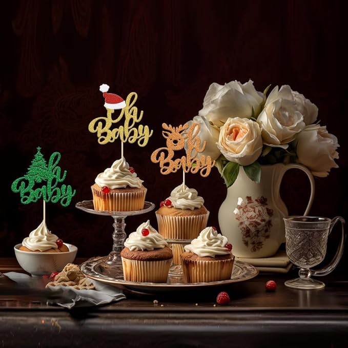 24Pcs Christmas Oh Baby Cupcake Toppers Glitter Christmas Tree Reindeer Santa Hat Baby Shower Birthday Cupcake Picks for Theme Baby Shower Kids Birthday Party