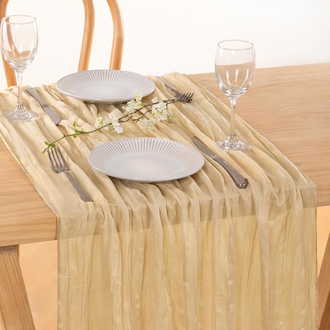 MLMC 3 Pack Champagne Cheesecloth Table Runner 10ft Sand Rustic Gauze Cheese Cloth Table Runner 35x120 Inches for Farmhouse Cozy Holiday Outdoor Events Home Decor