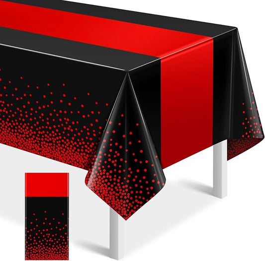MASHAN 1Pcs Black and Red Tablecloth Party Decorations,Plastic Black Table Cloth Printed Red Table Runner Disposable Rectangle Cover for Birthday Weeding Anniversary Graduation Party,54 x108 Inch