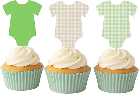 ALISSAR 36 Pcs Sage Green Gingham Cupcake Toppers - Neutral Baby Shower Decorations, Baby Shower Cake Topper, Bodysuit & Cupcake Toppers, Diaper Cake Decor, Gender Neutral Party Supplies