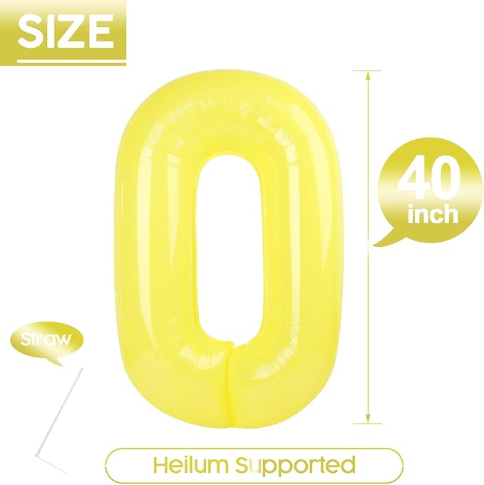 0 Balloon - Macaron Yellow Birthday Number Balloons, 40 Inch Large Foil Balloons for Men Women Boys Girls Macaron Yellow Themed Birthday Decorations