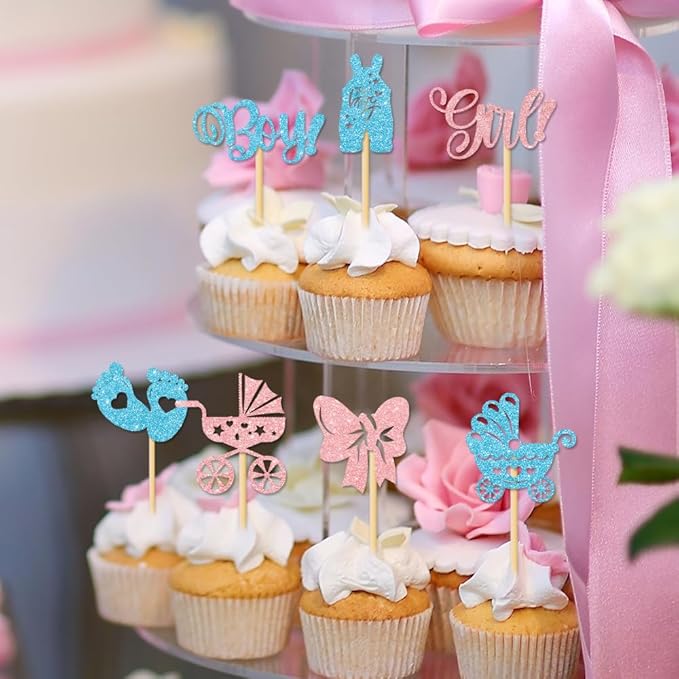 36PCS Gender Reveal Cupcake Toppers – Pink and Blue Color Scheme Baby Shower Decorations with Glitter Paper Bottles, Bows, Bodysuits, Pants, Dresses & Feet for Boy or Girl Party