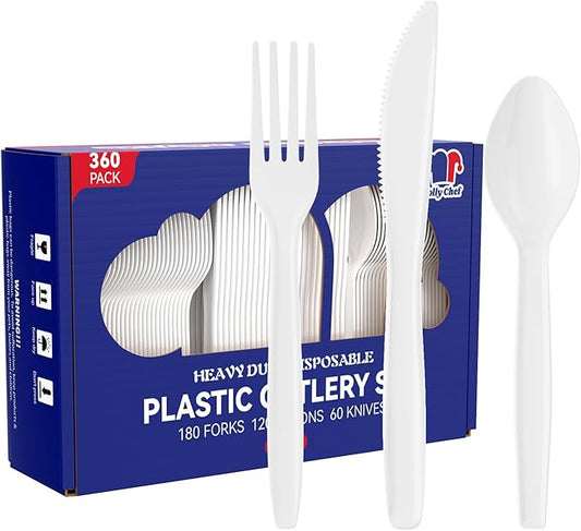 JOLLY CHEF 360 Count White Plastic Silverware Heavy Duty, 180 Forks, 120 Spoons, 60 Knives, Heat ResistantPlastic Utensils Set, Disposable Cutlery set, Premium Clear Utencils for Party, Christmas