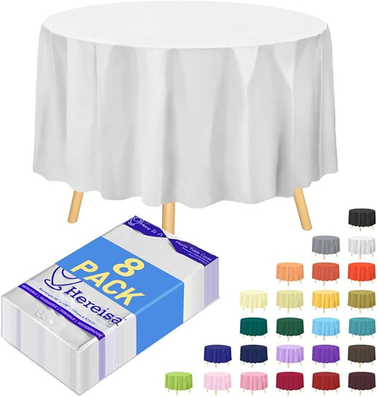 8-Pack White Disposable Plastic Tablecloths Round 84 Inch Diameter - Heavy Duty Waterproof Party Table Covers for Weddings, Banquets & Events