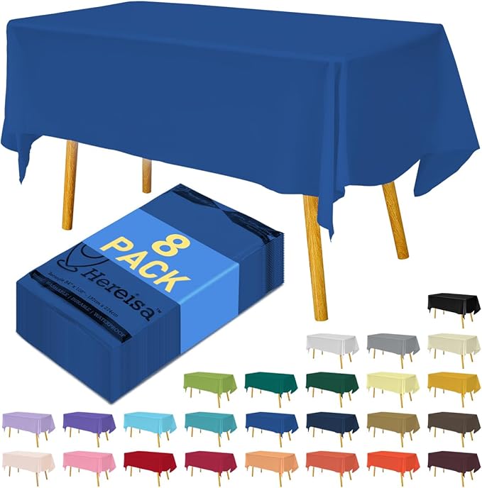 8-Count Royal Blue Disposable Plastic Tablecloths Rectangle 54x108 Inch - Extra Long Waterproof Banquet Table Covers for Parties & Catering