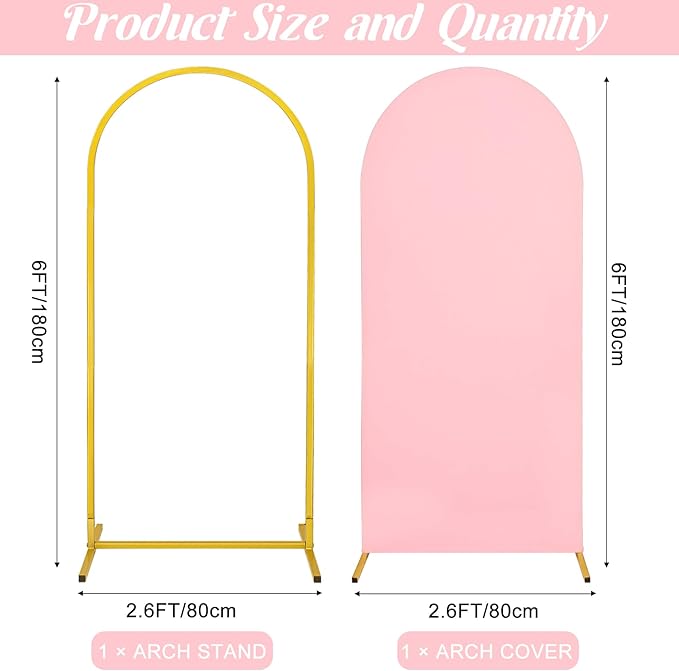 Metal Arch Stand and Cover Set,1 Pink Spandex Fitted Backdrop with 1 Gold Wedding Arched Stand Frame for Parties Birthday Baby Shower Bridal Banquet Decoration (6FT)