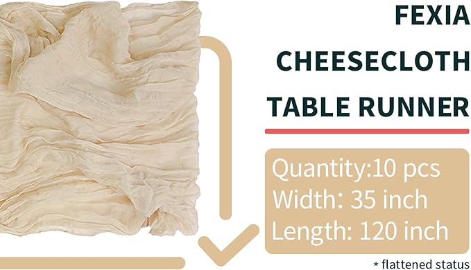 FEXIA 10 Pack Beige Gauz Table Runner 35x120 Inches Ivory Cheesecloth Rustic Boho Table Runner for Bridal Shower Wedding Party First Communion Centerpiece Engagement Rustic Boho Decoration