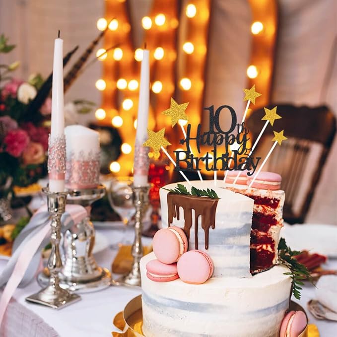 Glittery 10th Happy Birthday Cake Topper with Star,Personalised 10 Birthday Cake Toppers Party Decorations Party Supplies for Boys Girls Black Gold