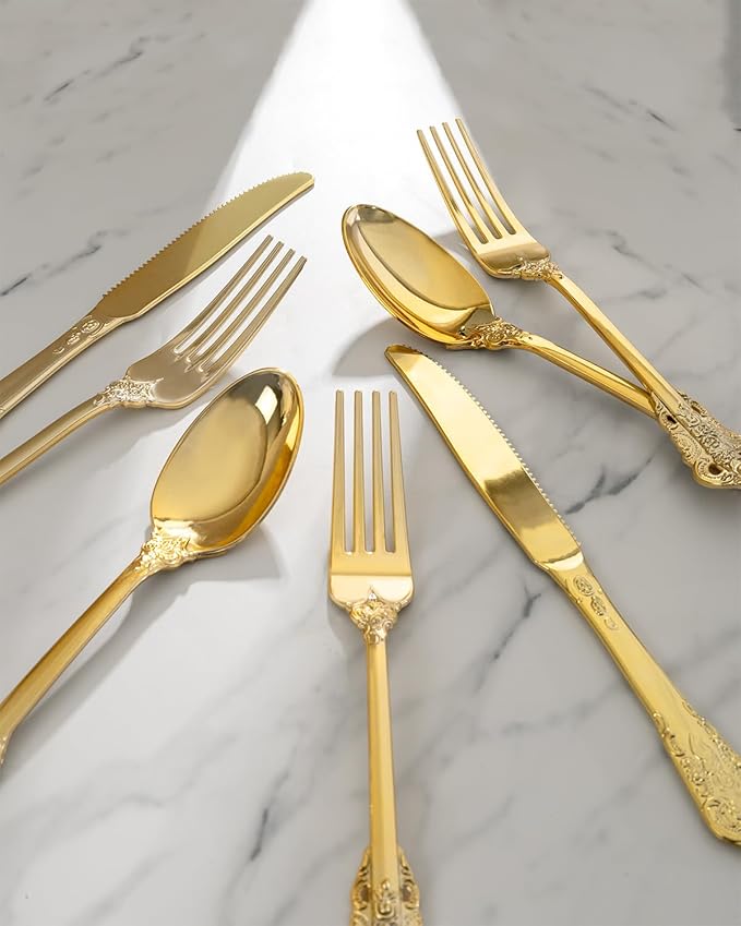 bUCLA HEAVYWEIGHT 150PCS Gold Plastic Silverware Disposable - Extra Heavy Duty Plastic Cutlery - Gold Disposable Utensils Set - Include 50 Knives, 50 Forks,50 Spoons for Party & Special Moments