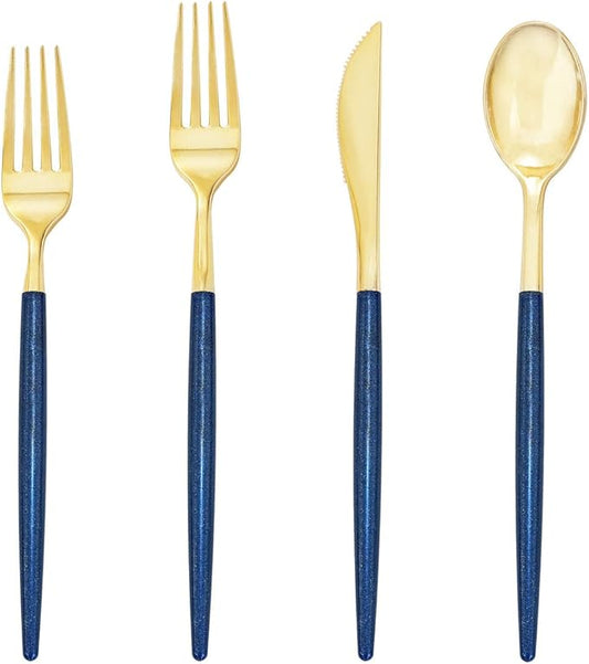 Supernal 180pcs Gold and Blue Plastic Silverware,Gold Plastic Flatware with Blue Glitter Handle,Disposable Cutlery for Party,Unique Disposable Utensils Suit for Party,Birthday,Wedding