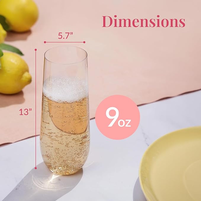 Prestee 48 Pack Plastic Champagne Flutes 9 oz - Stemless Disposable Champagne Flutes for Cocktails Mimosa Bar and Party Supplies - Clear Shatterproof Plastic Wine Glasses for Wedding and Summer Party