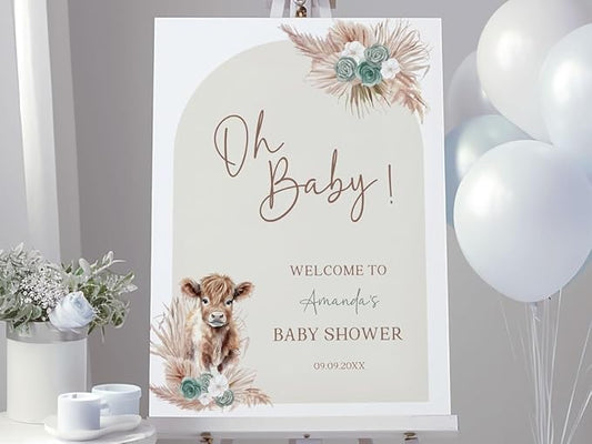 Pampas Highland Cow Baby Shower Welcome Sign, Baby Shower Sign, Welcome to Baby Shower Sign Personalized, Welcome Sign for Baby Shower, Baby Shower Welcome Sign with Stand, Custom Baby Shower Sign