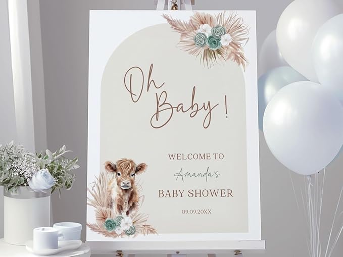 Pampas Highland Cow Baby Shower Welcome Sign, Baby Shower Sign, Welcome to Baby Shower Sign Personalized, Welcome Sign for Baby Shower, Baby Shower Welcome Sign with Stand, Custom Baby Shower Sign