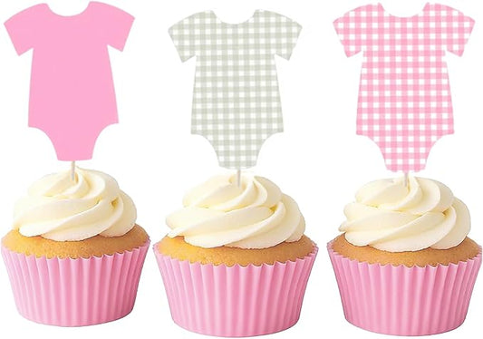 ALISSAR 36 Pcs Pink Gingham Cupcake Toppers - Baby Shower Decorations for Girls, Bodysuit & Cupcake Toppers, Diaper Cake Decor, Gender Reveal Party Supplies