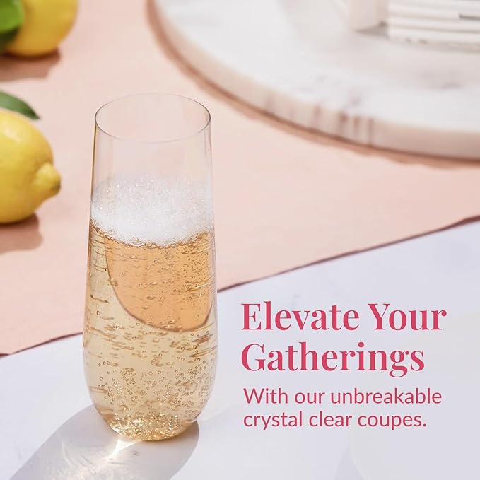 Prestee 24 Plastic Champagne Flutes - 9oz Heavy Duty Stemless Champagne Glasses for Parties - Disposable Clear Plastic Toasting Glasses, Mimosa Glass for New Year’s Eve Party Supplies