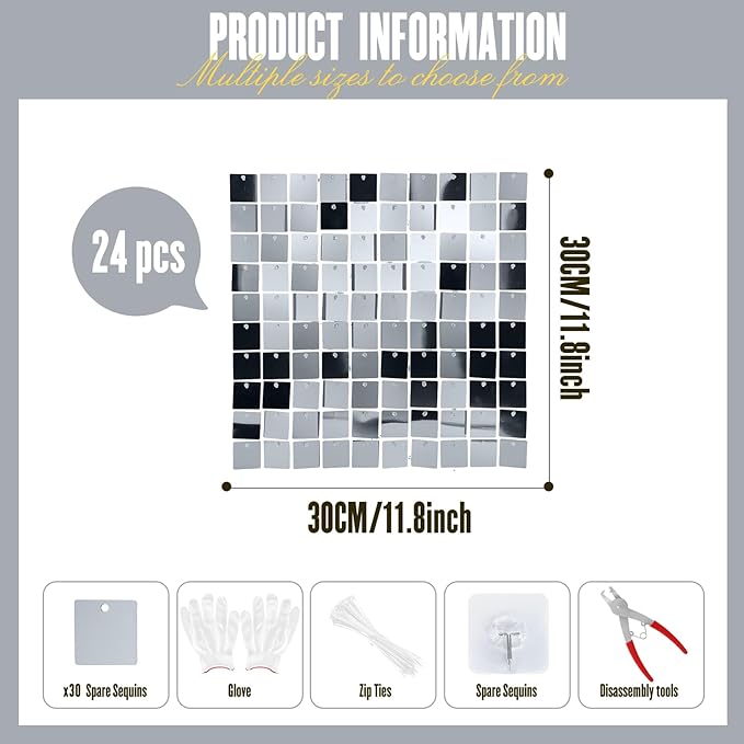 Shimmer Wall Sequin Backdrop, 24pcs Square Shimmer Wall Sequin Backdrop, DIY Party Shiny Decor for Wedding, Birthday, Anniversary, Graduation, Holiday&Home Background Supplies (Sliver Gold)