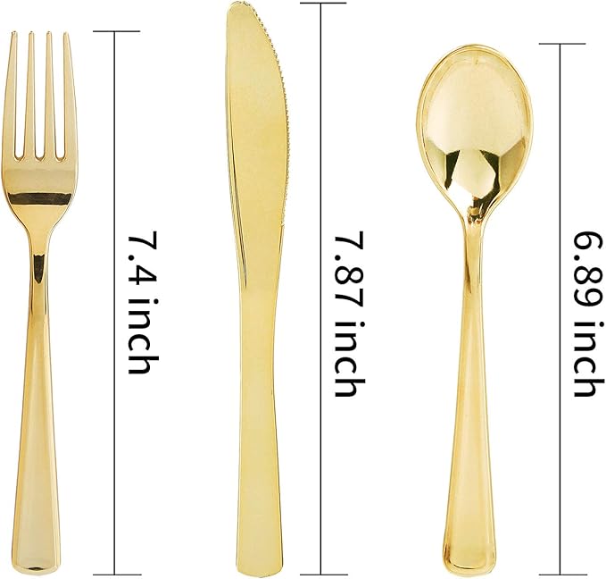 Nervure 300 Piece Gold Plastic Silverware Set - Heavyweight Gold Plastic Cutlery - Disposable Utensil Include 150 Forks, 75 Knives, 75 Spoons Perfect for Parties & Wedding & Party