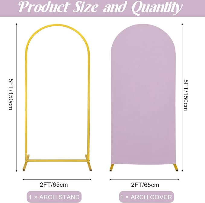 Metal Arch Stand and Cover Set,1 Light Purple Spandex Fitted Backdrop with 1 Gold Wedding Arched Stand Frame for Parties Birthday Baby Shower Bridal Banquet Decoration (5FT)