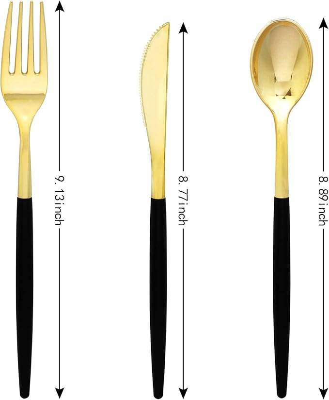 Supernal 102pcs Gold Plastic Silverware, Golden Cutlery with Black Handle, Disposable Flatware Collection, Includes 34 Plastic Forks and Spoons and Knives Ideal for Weddings, Parties, and Birthdays