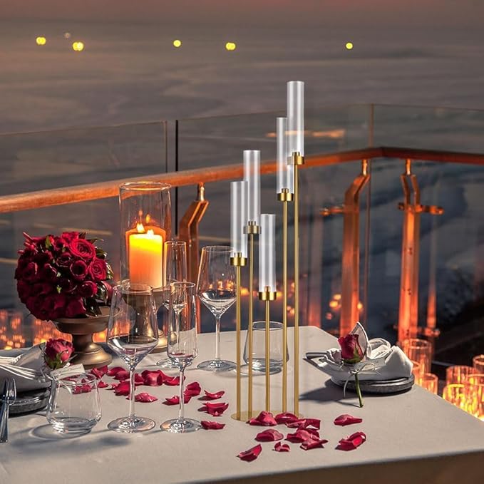 39.4'' Tall Gold Floor Candelabra，Set of 8PCS 5 Arm Candle Holder Tall Floor Candle Holder with Acrylic Lampshade for Wedding Table Birthday Party Home Decoration Fit LED Taper Candles