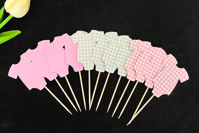 ALISSAR 36 Pcs Pink Gingham Cupcake Toppers - Baby Shower Decorations for Girls, Bodysuit & Cupcake Toppers, Diaper Cake Decor, Gender Reveal Party Supplies