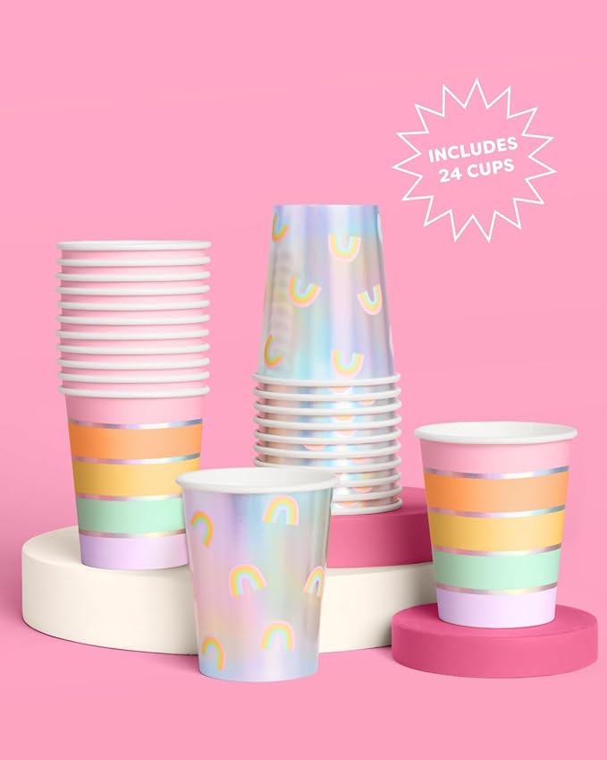 xo, Fetti Iridescent Rainbow Paper Cups - 12 oz, 24 pcs | Pastel Party Drinkware, Cute Dinner Party Setting, Bachelorette Decoration, Kids Birthday Tablescape
