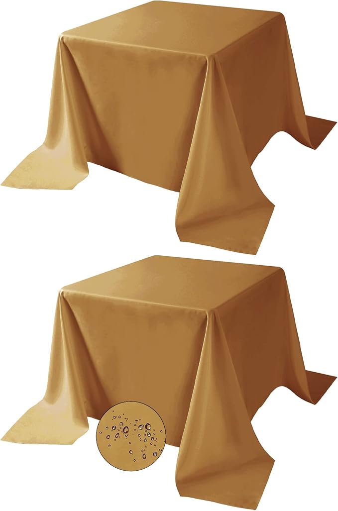 Fokitut 2 Pack Waterproof Square Tablecloth, 90x90 Inch, Stain Resistant and Wrinkle Polyester Table Cloth, Fabric Table Cover for Kitchen Dining, Wedding, Party, Holiday Dinner-Gold