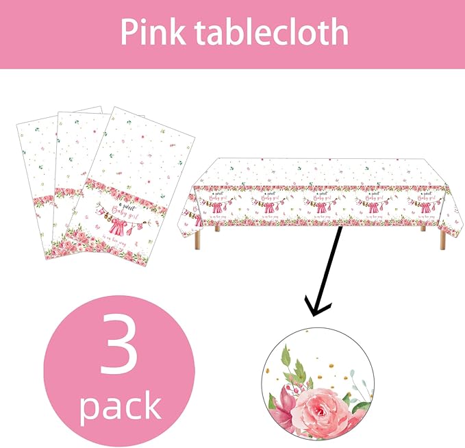 3 Pack Baby Shower Tablecloth Decoration,Watercolor Greenery A Sweet Baby Boy is On The Way Decoration,Waterproof Greenery Baby Shower Tablecloth for Gender Reveal Party (Pink)