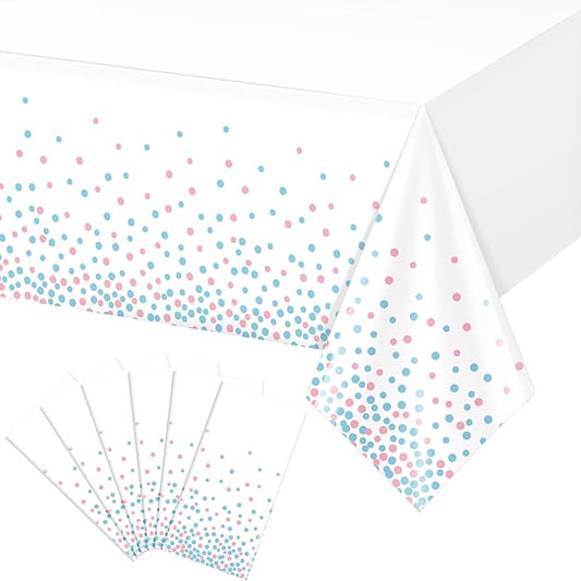 6Pack White and Pink Blue Plastic Tablecloth, White Disposable Table Cloth for Rectangle Tables, Pink Blue Stamping Dot White Tablecloth for Gender Reveal Baby Shower Birthday Party Supplies, 54"x108"