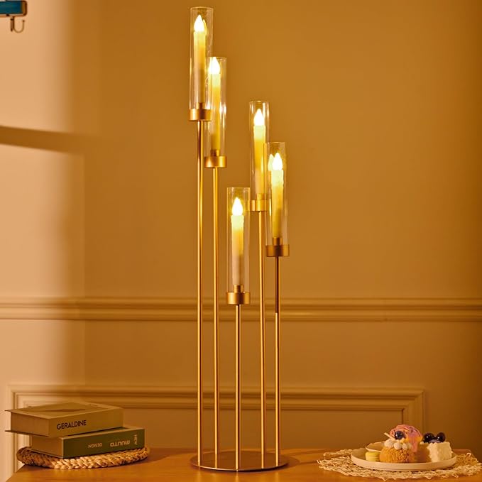 5 Arm Candelabra with Acrylic Lampshade Set of 4 Gold Candelabra for Wedding Table Birthday Party Home Decoration 39.4'' Candle Holder Fit LED Taper Candles