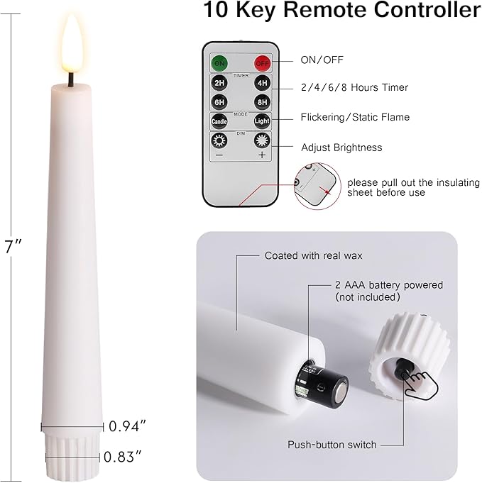 Eywamage Short White Flameless Taper Candles with Remote, Flickering Battery LED Wax Candlesticks Set of 6