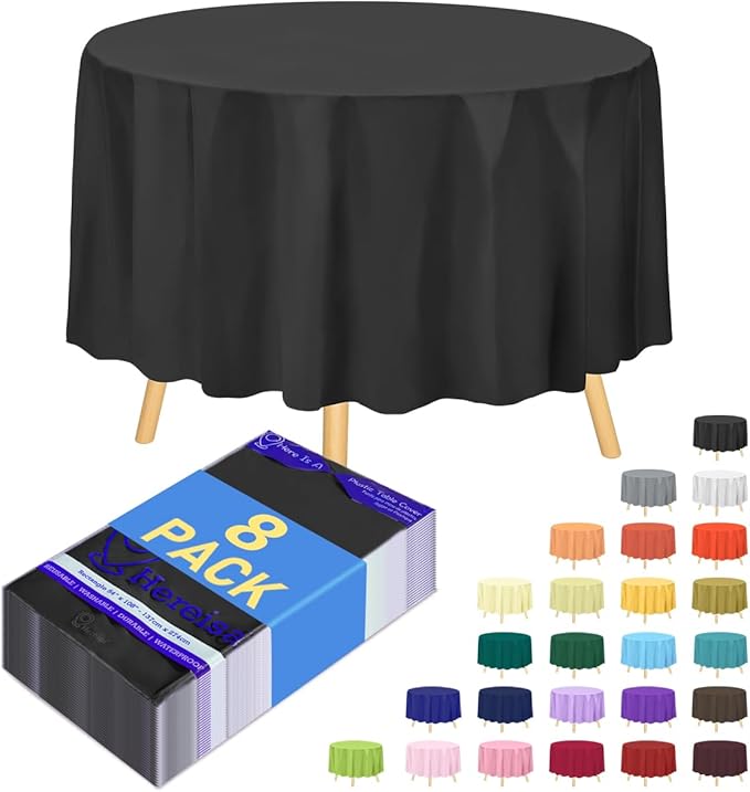 8-Pack Black Disposable Plastic Tablecloths Round 84 Inch Diameter - Heavy Duty Waterproof Party Table Covers for Weddings, Banquets & Events