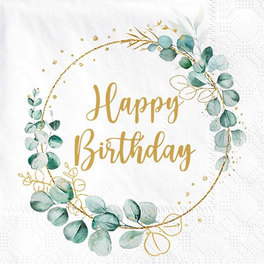 Happy Birthday Napkins, 40 Pack of White Birthday Napkins for Men and Women, 3-Ply Green Leaf Garland Napkin Happy Day Cocktail Napkins for Dinner Table Decorations