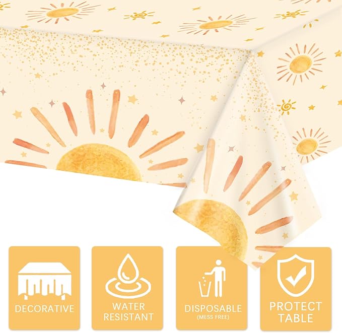 Oigco 3Pcs Boho Sun Birthday Party Tablecloths First Trip Around The Sun Party Decorations Disposable Plastic Table Covers Boho Baby Shower Supplies, 54 x 108 Inches