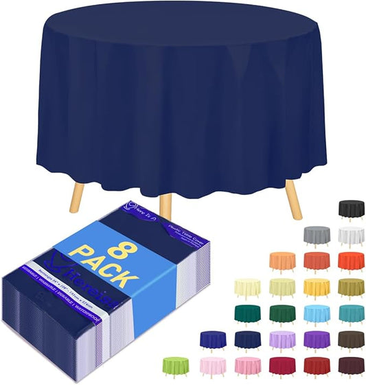 8-Pack Navy Blue Disposable Plastic Tablecloths Round 84 Inch Diameter - Heavy Duty Waterproof Party Table Covers for Weddings, Banquets & Events