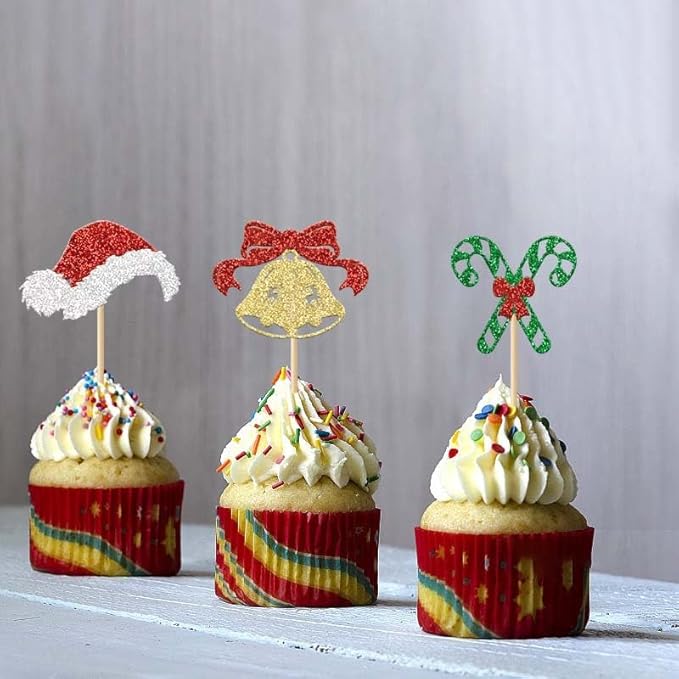 24Pcs Christmas Cupcake Toppers Xmas Sock Hat Snowflake Bell Candy Canes Cupcake Picks for Xmas Holiday New Year Holiday Baby Shower Kids Birthday Party Supplies