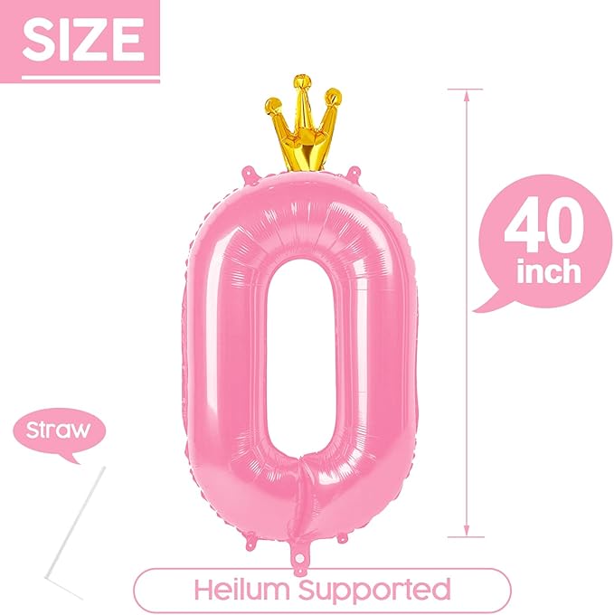 0 Balloon - Pink with Crown Birthday Number Balloons, 40 Inch Large Foil Balloons for Men Women Boys Girls Pink with Crown Themed Birthday Decorations