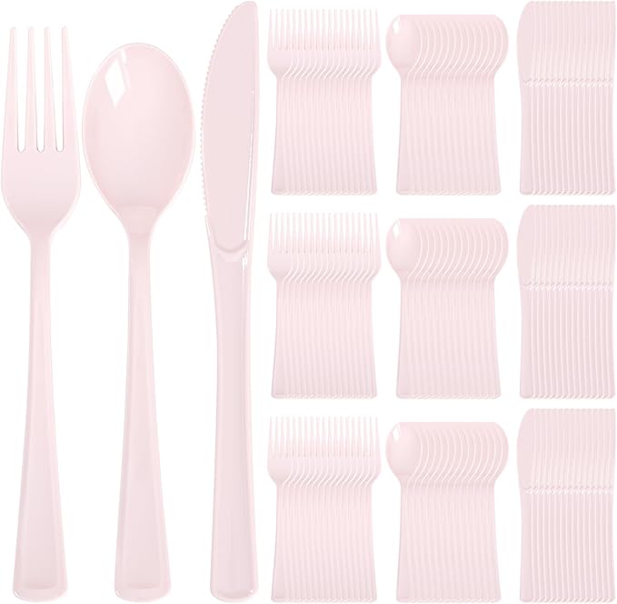 Supernal 300 Pieces Pink Plastic Silverware Heavy Duty Disposable Silverware Pink Utensils Disposable Cutlery Set 100 Forks 100 Knives 100 Spoons for Wedding Party Supplies Everyday Use