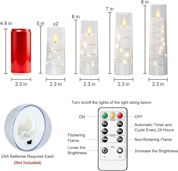 Raycare Flameless Candle with Remote Timer – 5 Flickering Acrylic Battery Operated LED Pillar Candles with Embedded Star String for Christmas, Home Decor, and as a Gift(White)