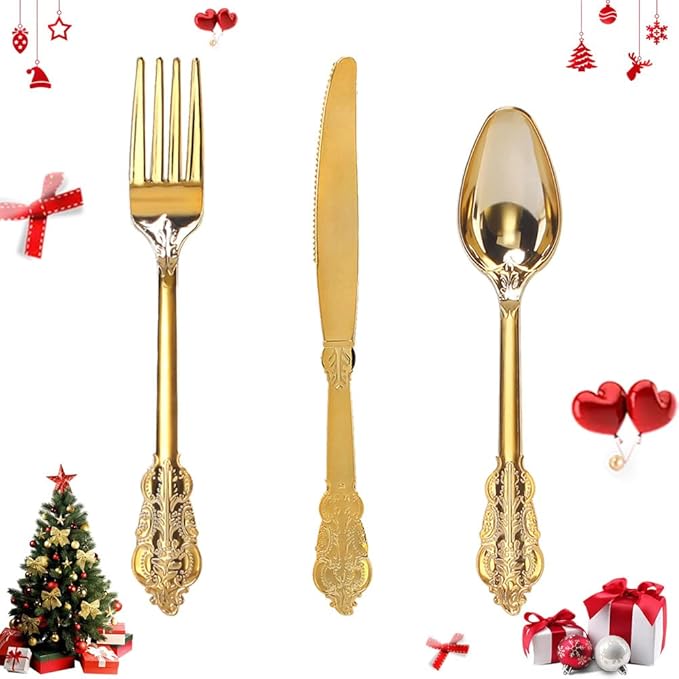 WDF 300 Pieces Gold Plastic Silverware Disposable - Heavy Duty Christmas Plastic Cutlery - Gold Silverware Sets Includes 100 Forks, 100 Spoons, 100 Knives