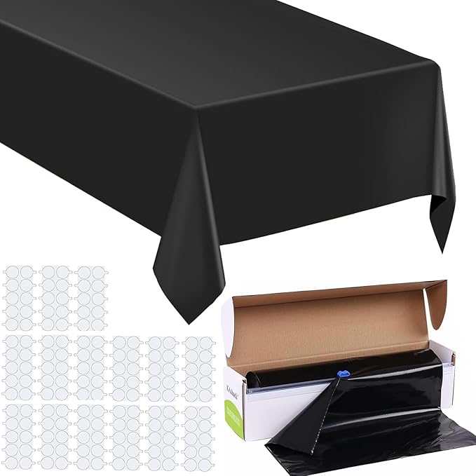 54 in X 300 Ft Plastic Table Cloth Roll Disposable Black Tablecloth with Slide Cutter Box for Rectangle Round Tables,Picnic,Camping,Banquet,Party,Birthdays, Baby Shower [with Fixed Stickers]