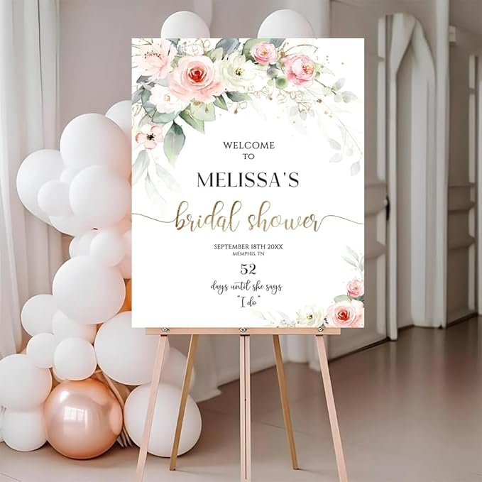 Bridal Shower Welcome Sign Brunch Poster Blush Pink Decor Watercolor Botanicals Wedding Summer Floral Wedding Sign Gold Greenery Roses White