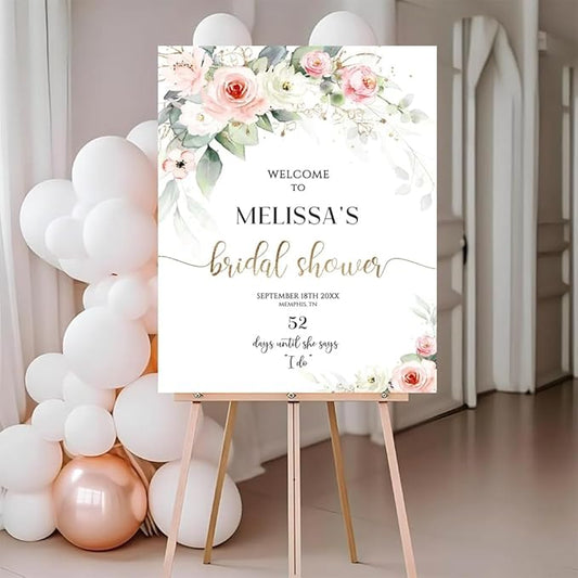 Bridal Shower Welcome Sign Brunch Poster Blush Pink Decor Watercolor Botanicals Wedding Summer Floral Wedding Sign Gold Greenery Roses White