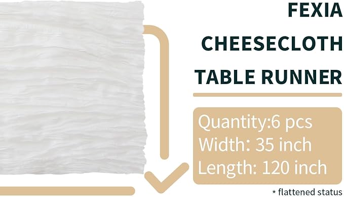 FEXIA 6 Pack White Cheesecloth Table Runner 35x120 Inches for Wedding Party Decorations Spring Easter Table Runner for Bridal Shower Engagement First Communion Centerpiece for Table (White)