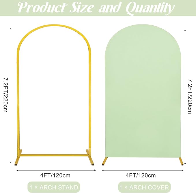 Metal Arch Stand and Cover Set,1 Sage Green Spandex Fitted Backdrop with 1 Gold Wedding Arched Stand Frame for Parties Birthday Baby Shower Bridal Banquet Decoration (7.2FT)
