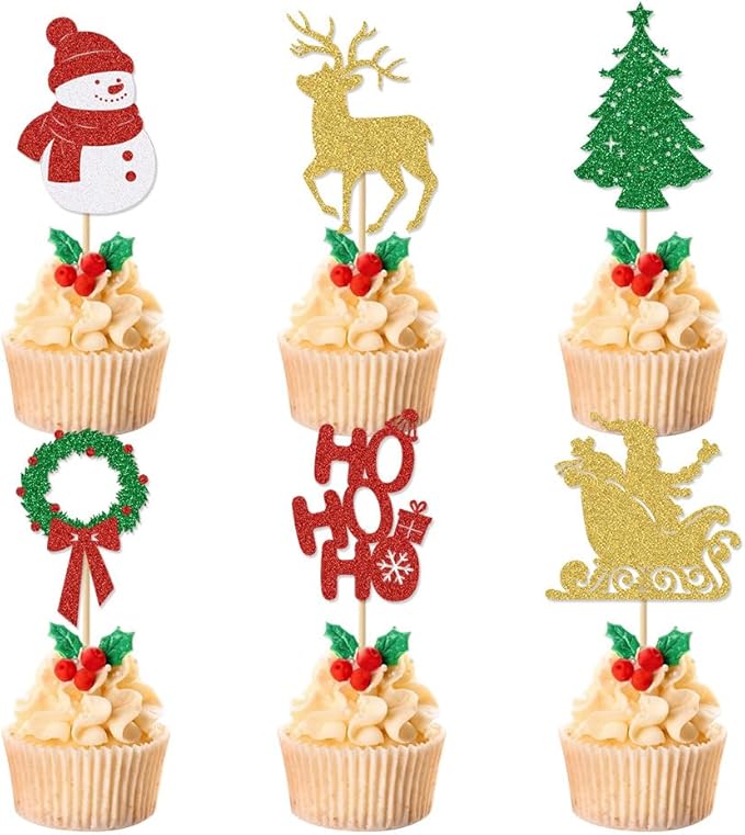 24Pcs Merry Christmas Cupcake Toppers Glitter Christmas Tree Santa Snowman Deer Garland Hohoho Cupcake Picks for Xmas Holiday